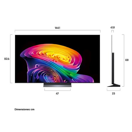La LG OLED evo AI C6, que se muestra en vista frontal y lateral, destaca por su pantalla de 65 pulgadas con una anchura de 1441 mm, una altura total de 826 mm y un grosor ultrafino de 45.1 mm sin soporte.